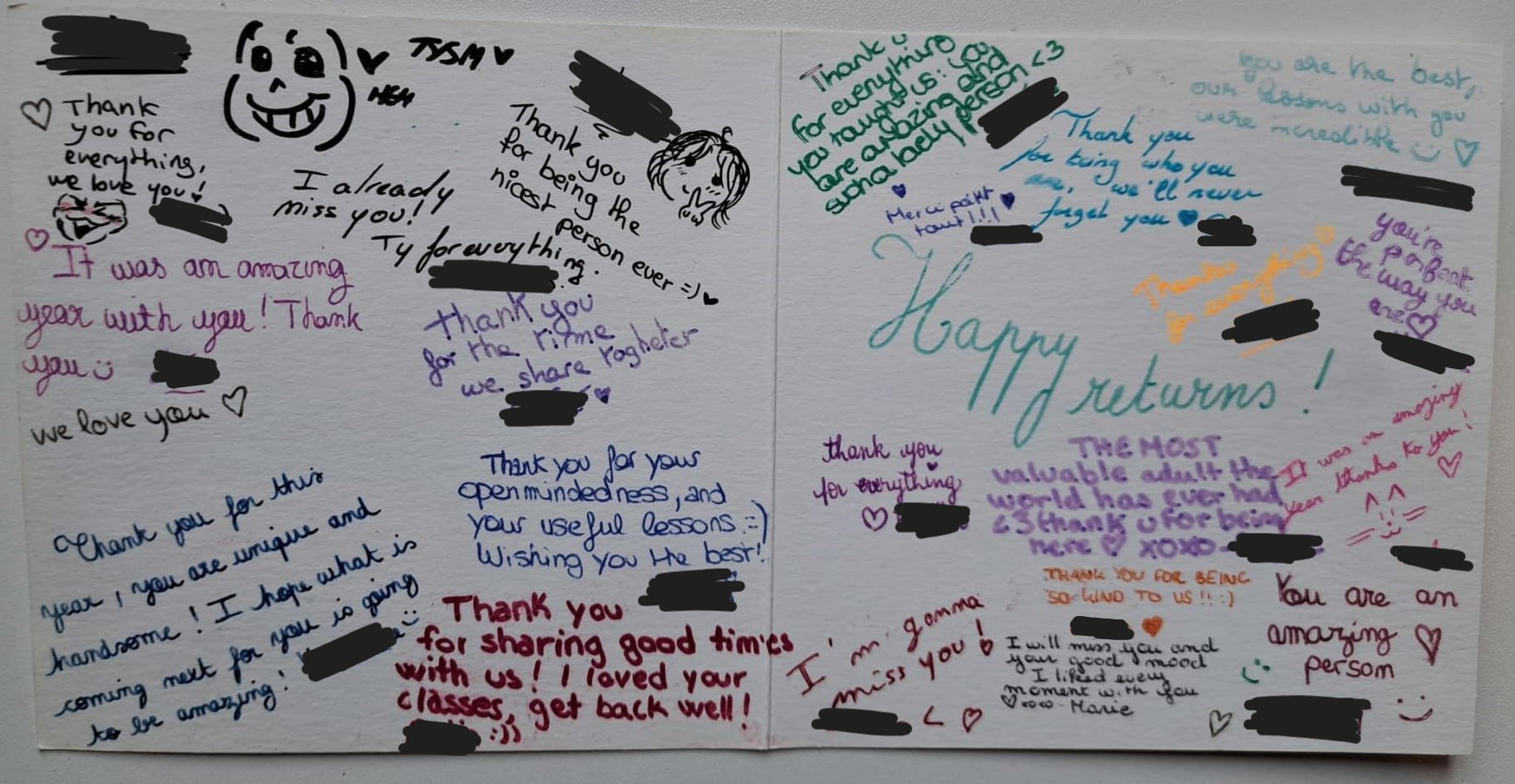 Thank-you card from former students (redacted)