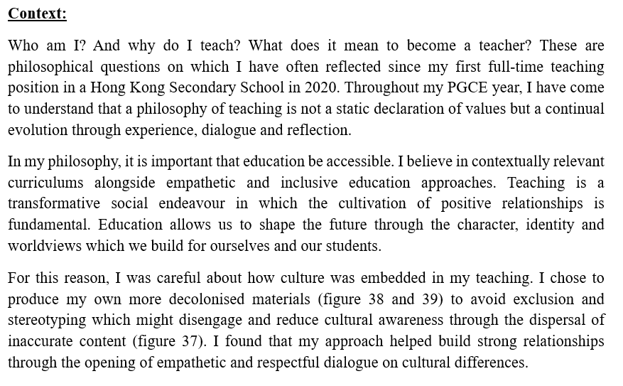 Masters-level assignment — philosophy of teaching (extract)